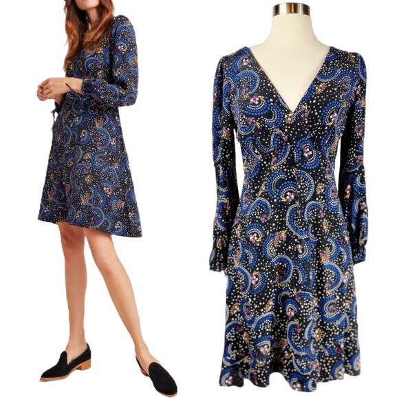 ANTHROPOLOGIE Gianna Tunic Dress Star Galaxy Print Surplice Neck 2 Black NWT - Picture 1 of 10